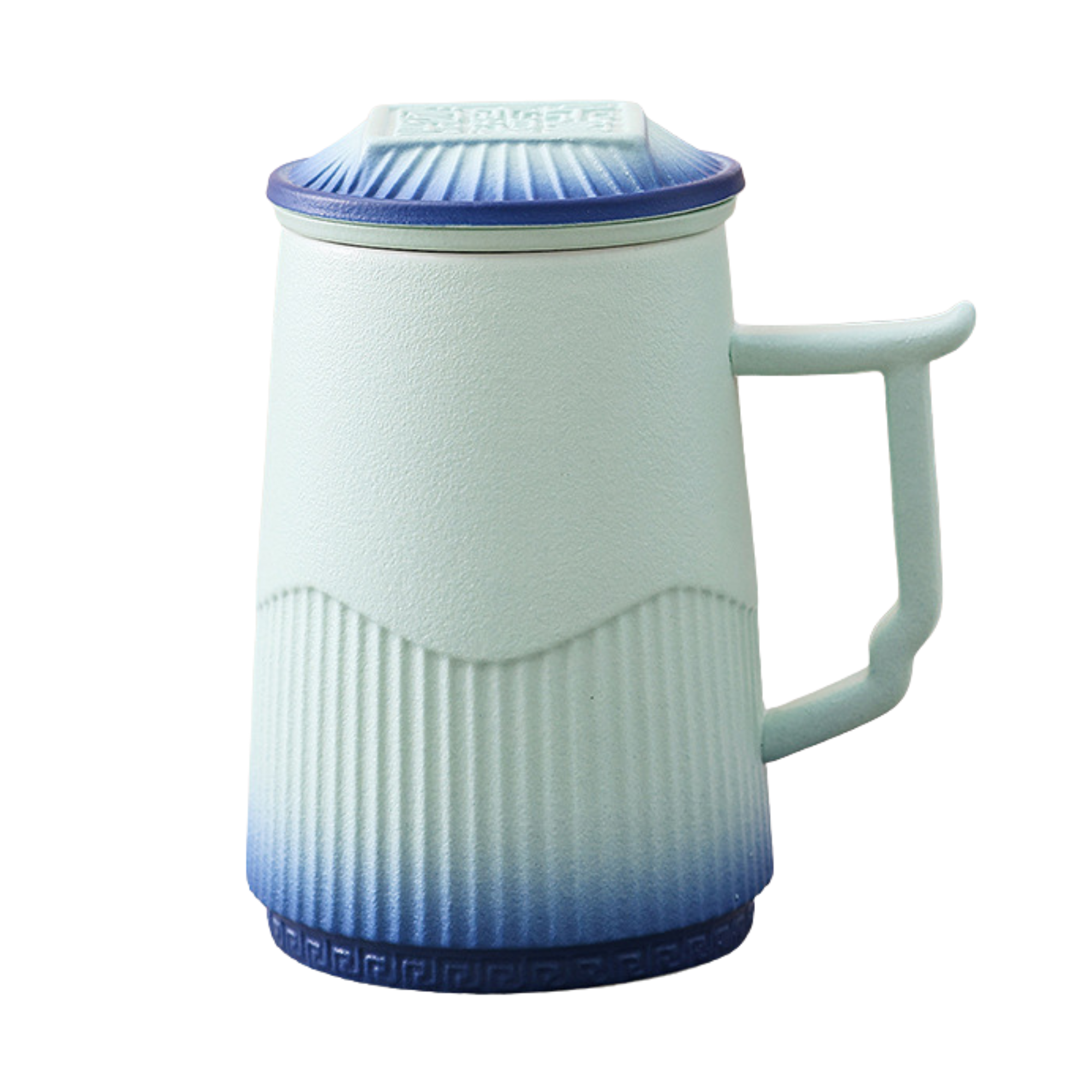 Gradient blue to white mug with textured design on a white background