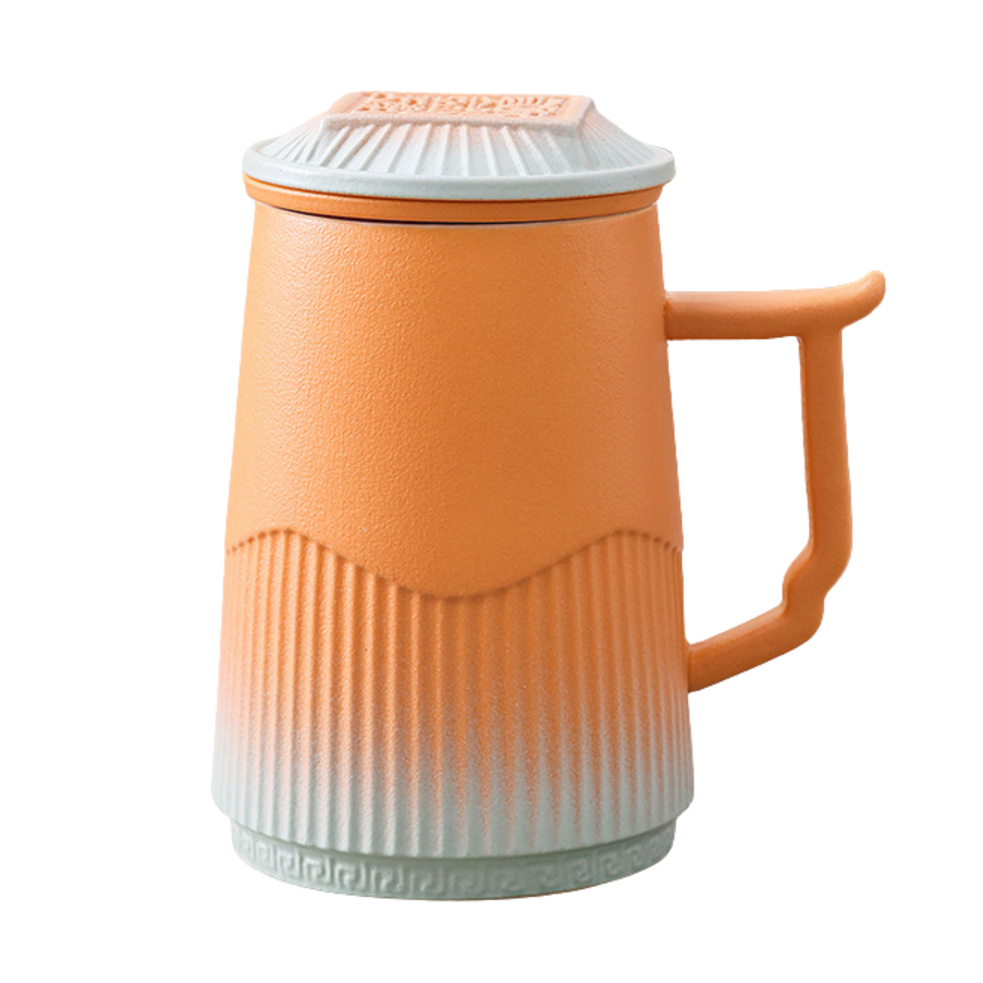 Orange mug with textured design on a white background