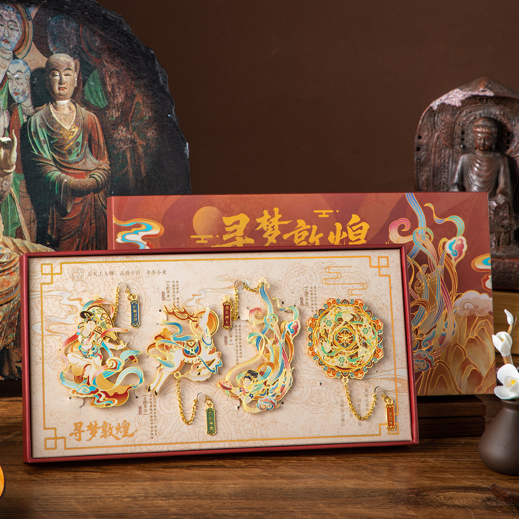Decorative items with intricate designs on a wooden surface, surrounded by statues.