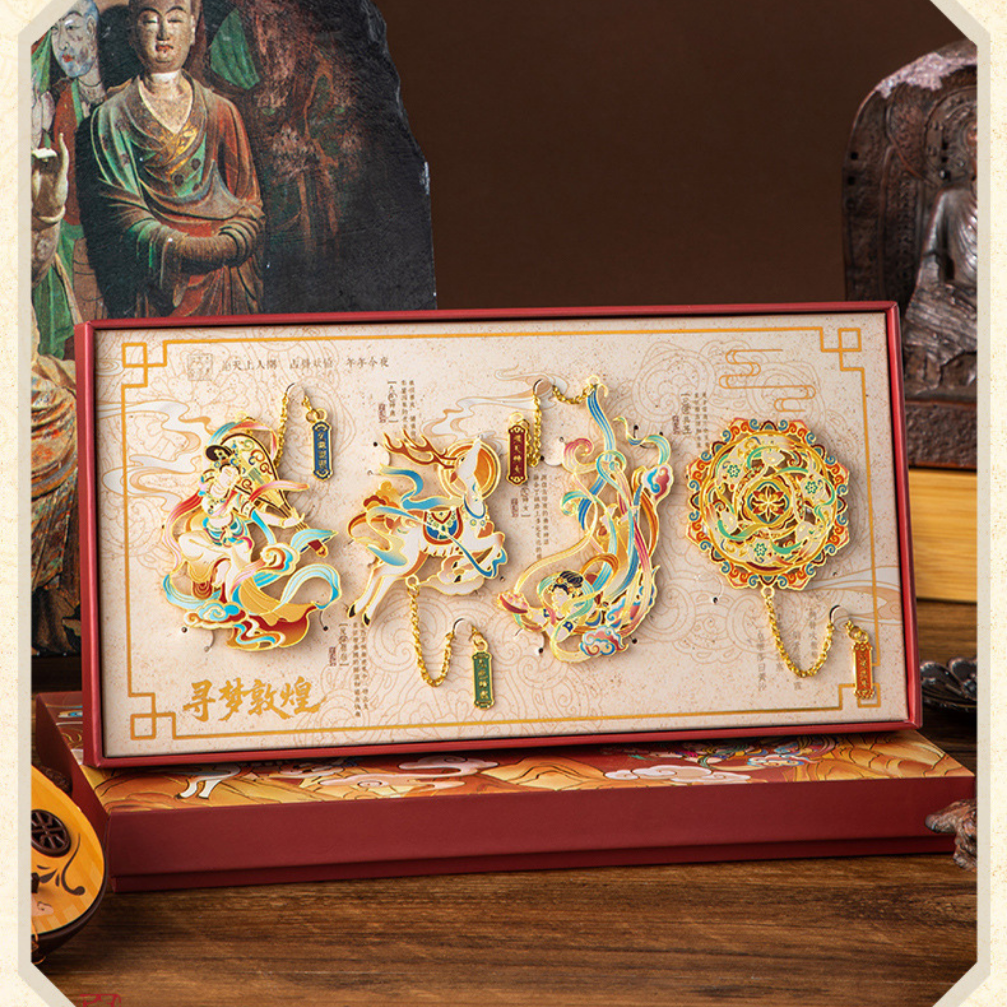 Decorative box with colorful designs on a wooden surface