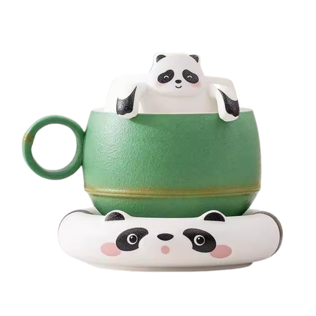 Green mug with panda design on a white background