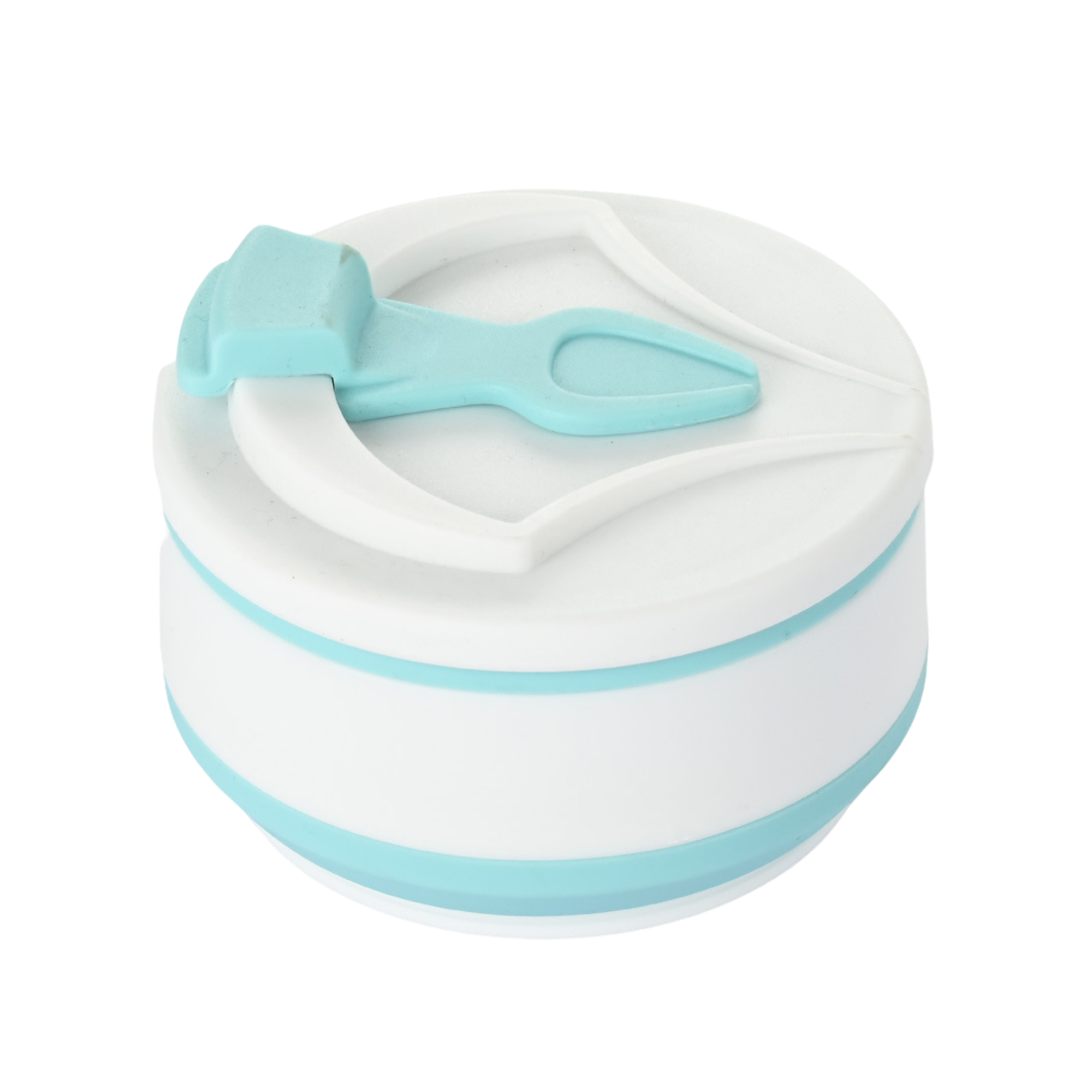 White and light blue container with a lid on a white background