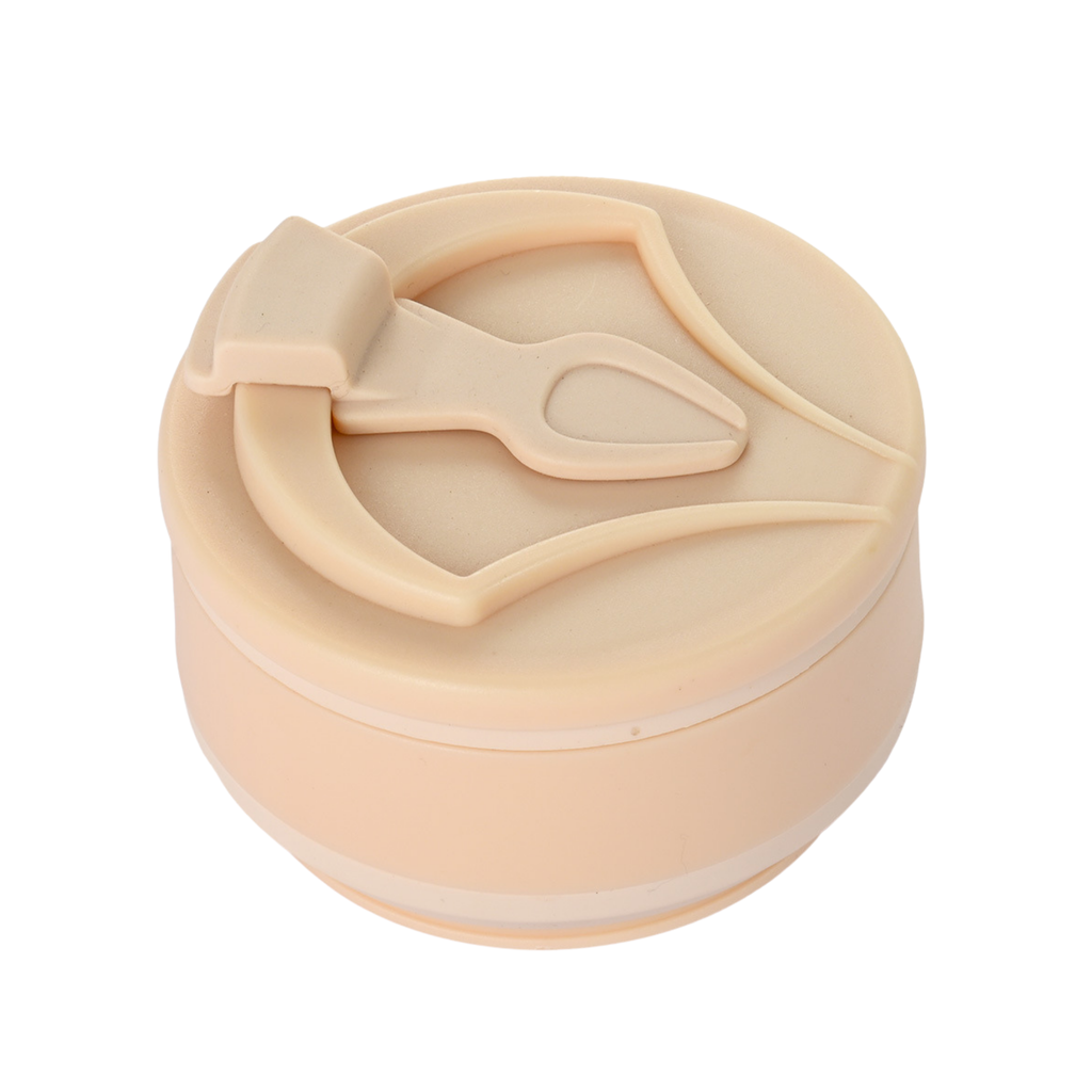 Beige silicone lid with spoon and fork cutouts on a white background