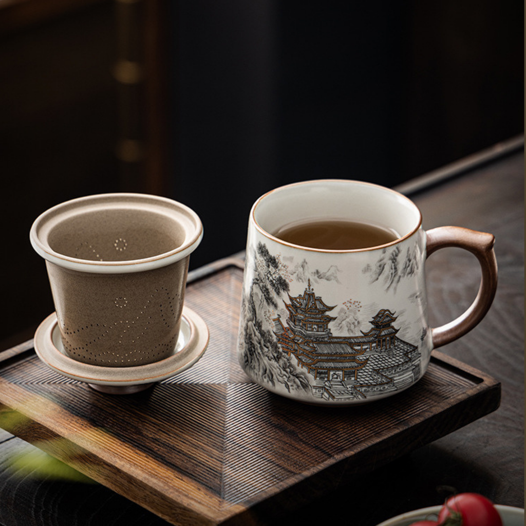 Handcrafted Ceramic Coffee & Tea Mug Cup Featuring Ancient Chinese Building Designs - LEFOOR