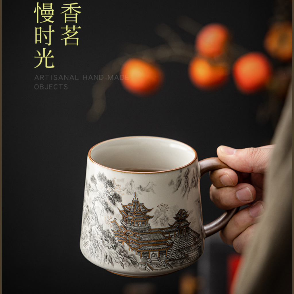 Handcrafted Ceramic Coffee & Tea Mug Cup Featuring Ancient Chinese Building Designs - LEFOOR